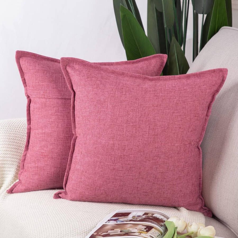 Set van 2 linnen kussenslopen zachte decoratieve kussenslopen voor bank slaapkamer kussenovertrekken roze 40 x 40 cm vierkant