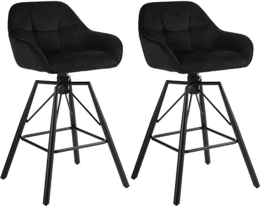 Set van 2 Luxe Fluwelen Barkrukken 360° Draaibaarheid Ergonomische Rugleuning en Voetsteun Hoog Zwart