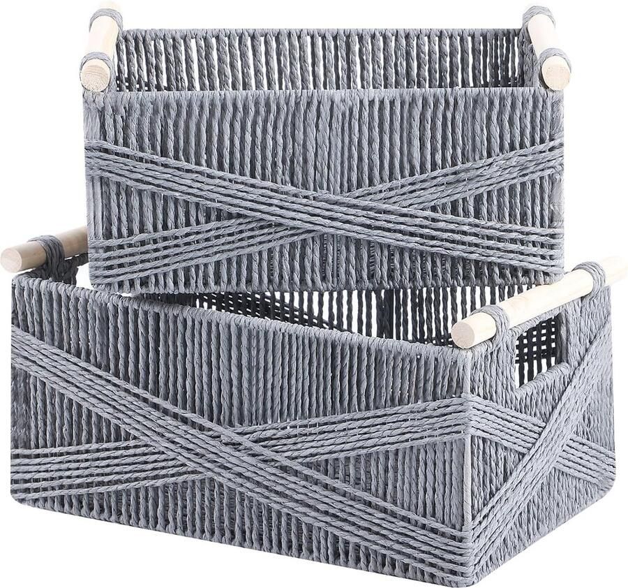 Set van 2 Macrame opbergmanden gevlochten Boho Decor geweven manden met handvat decoratief werkblad toilettank plank kastorganizer grijs