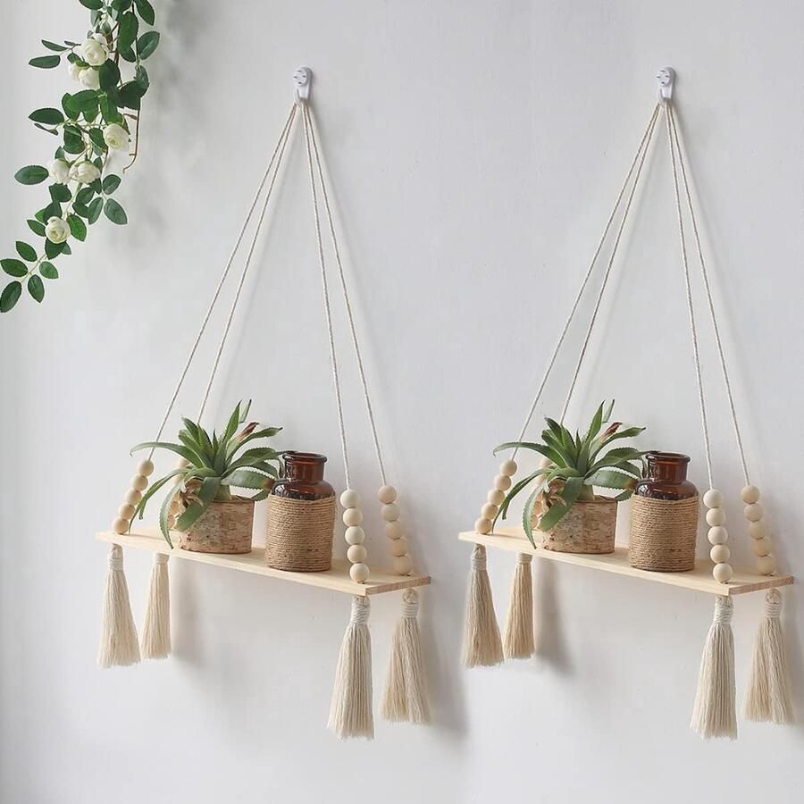 Set van 2 macramé wandplanken houten hangende plank boho wanddecoratie katoenen touw met houten kraalkwastjes drijvende plank plantenplank wandplank balkon woonkamer slaapkamer kinderkamer
