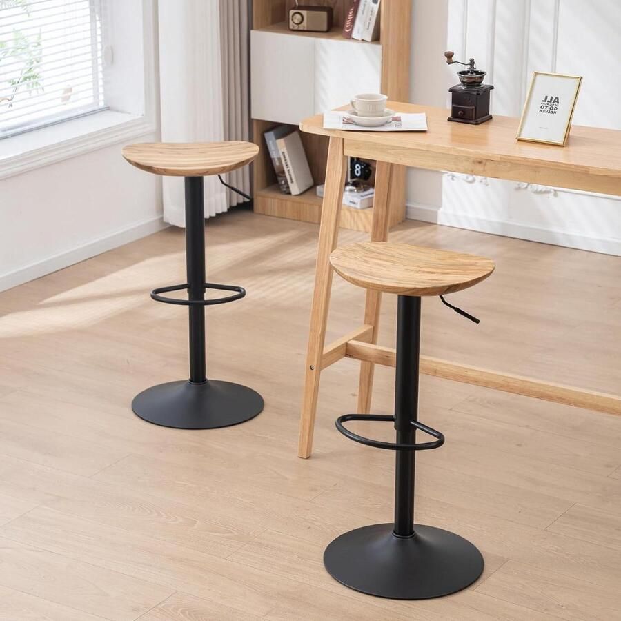 Set van 2 Massief Houten Barkrukken 360 ° Verstelbare Hoogte Draaibare Metalen Basis Gemakkelijk te Monteren Moderne Industriële Keuken Barkrukken Barkruk