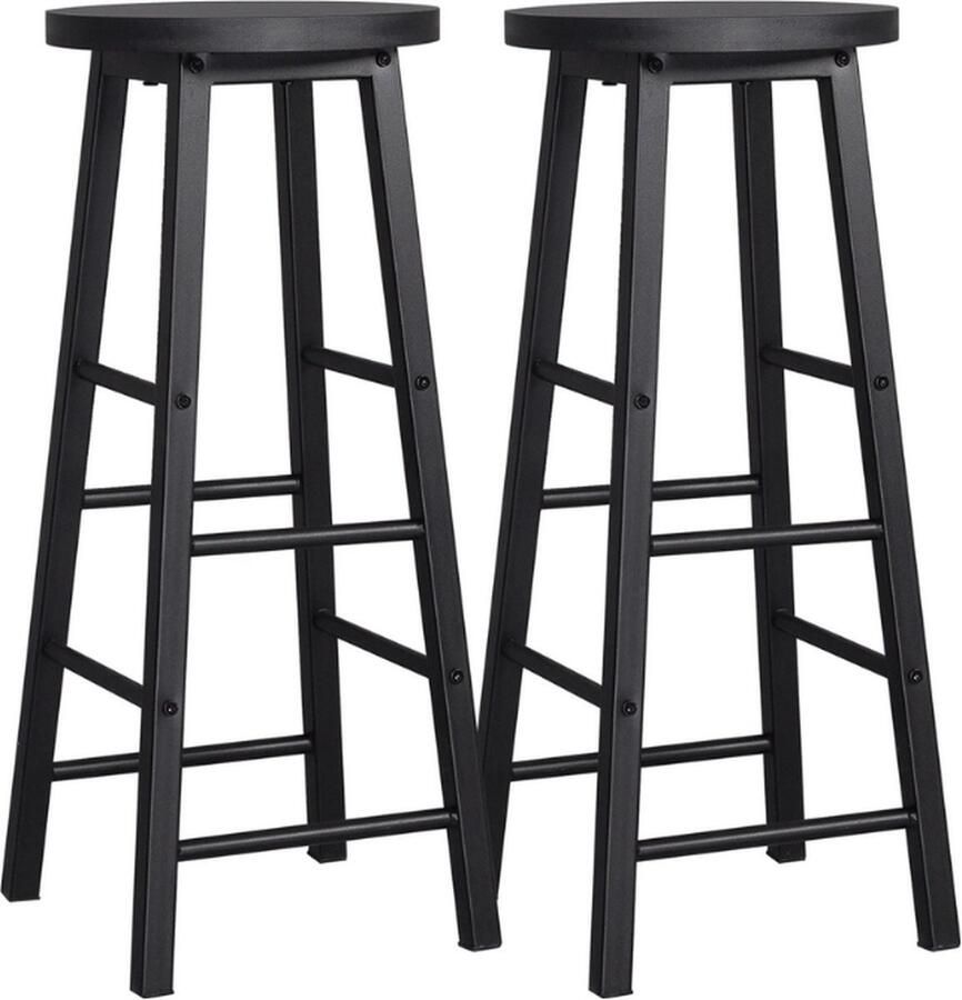 Set van 2 Massief Houten Hoge Barkrukken Zwart Bistro Kruk Stabiele Duurzame Stalen Structuur MDF Zetel Koffie Stoel Home Decor Kruk