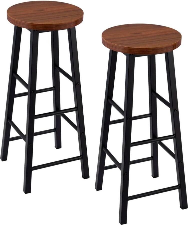 Set van 2 Massief Houten Hoge Barkrukken Zwart&Vintage Bistro Kruk Stabiele Duurzame Stalen Structuur MDF Zetel Koffie Stoel Home Decor Kruk