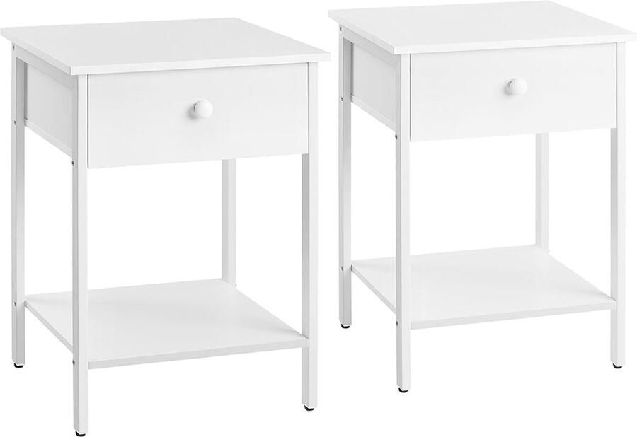 Rootz Living Rootz Set van 2 matwitte nachtkastjes Spaanplaat en stalen constructie 40 cm x 40 cm x 55 cm 20 kg Oppervlaktecapaciteit 10 kg Ladecapaciteit 10 kg Plankcapaciteit 40 kg Totale capaciteit