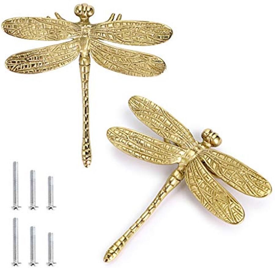 Set van 2 Messing Libelle Kastknoppen Gouden Decoratieve Deurgrepen voor Dressoirs