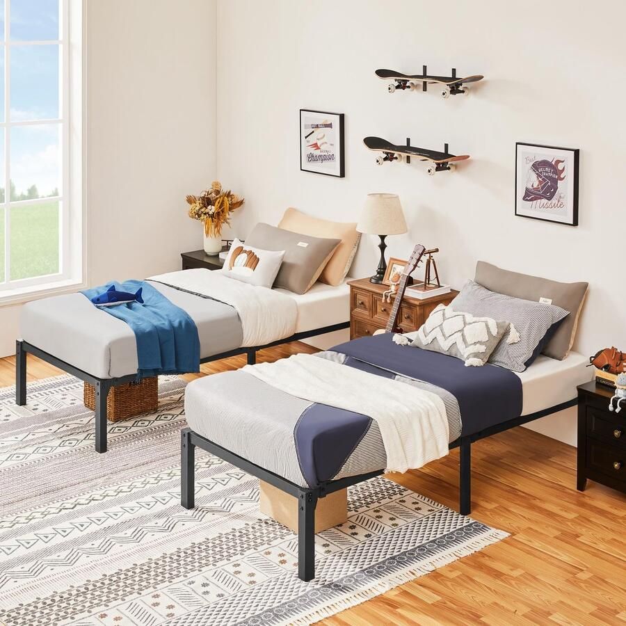 Set van 2 metalen bedden minimalistisch bedframe met hoofdeinde logeerbed met lattenbodem voor slaapkamer 90 x 200 x 36 5 cm