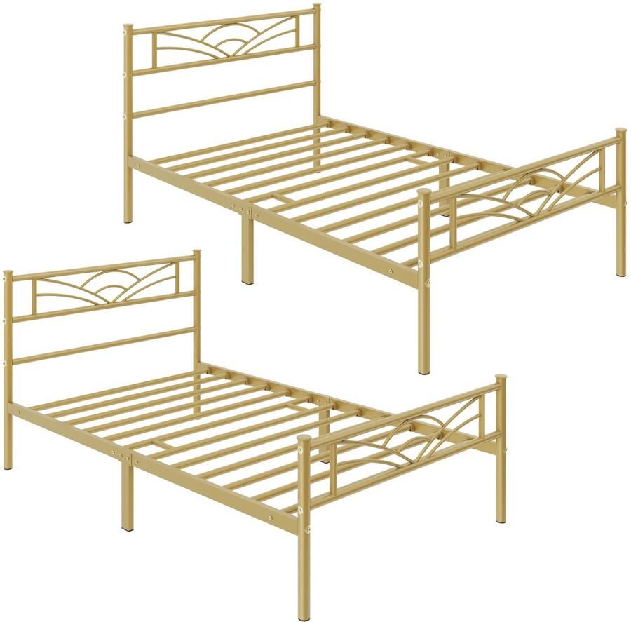 Set van 2 metalen bedframe met lattenbodem eenpersoonsbed logeerbed 90 x 190 cm antiek goud