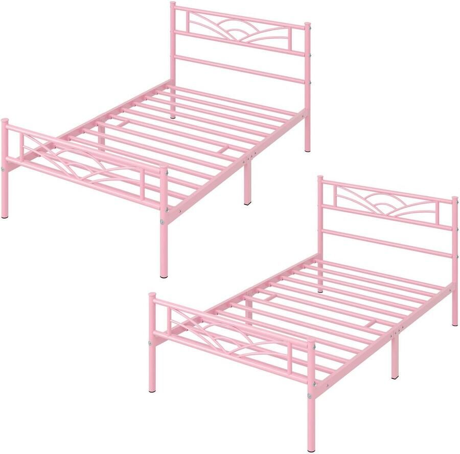 Set van 2 metalen bedframe met lattenbodem eenpersoonsbed logeerbed 90 x 190 cm lichtroze