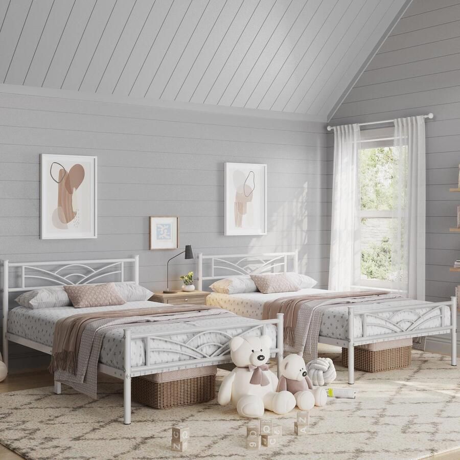 Set van 2 metalen bedframe met lattenbodem eenpersoonsbed logeerbed 90 x 190 cm wit