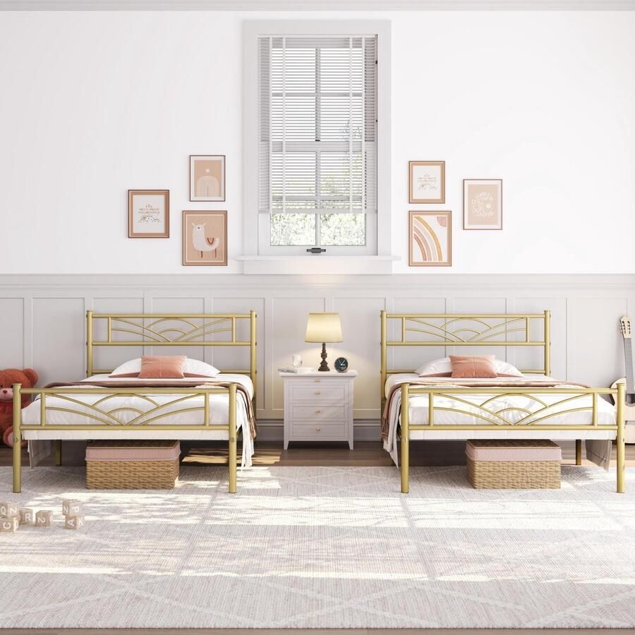 Set van 2 metalen bedframe met lattenbodem eenpersoonsbed logeerbed 90 x 200 cm antiek goud