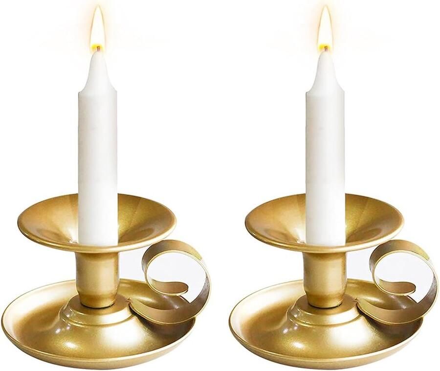 Goodivery Set van 2 metalen vintage kandelaardecoratie met handvat gouden decoratieve kandelaar 10x6cm kandelaar woonkamer slaapkamer eettafel decoratie goud