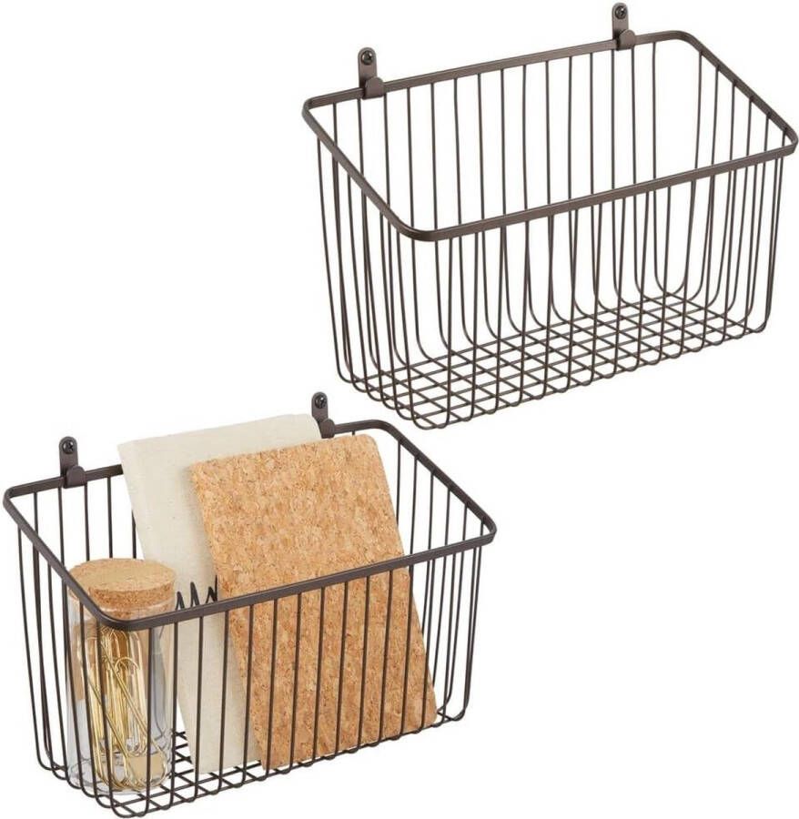 Set van 2 metalen wandrekken grote opbergmand voor de hal slaapkamer en andere ruimtes organizer voor brieven portemonnees zonnebrillen of badkameraccessoires bronskleurig