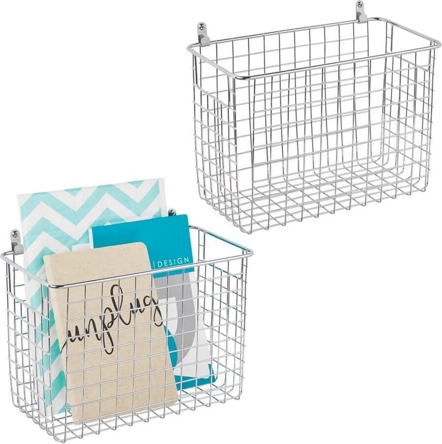 Set van 2 metalen wandrekken Grote opbergmand voor hal slaapkamer en meer Organizer voor post portemonnees zonnebrillen of badkamerbenodigdheden Zilverkleurig