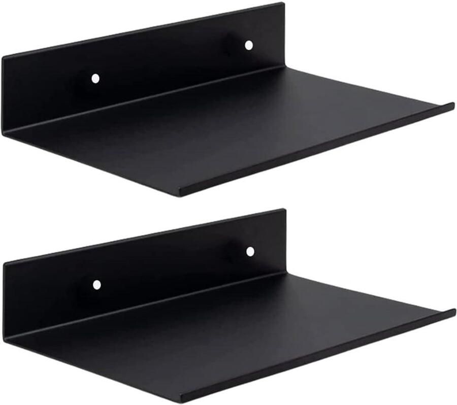 Set van 2 modern vormgegeven zwevende wandplanken in zwart metaal voor een stijlvolle touch aan elk interieur inclusief schroeven voor eenvoudige bevestiging in de badkamer keuken of woonkamer. Bespaar ruimte en geef jouw huis een upgrade!