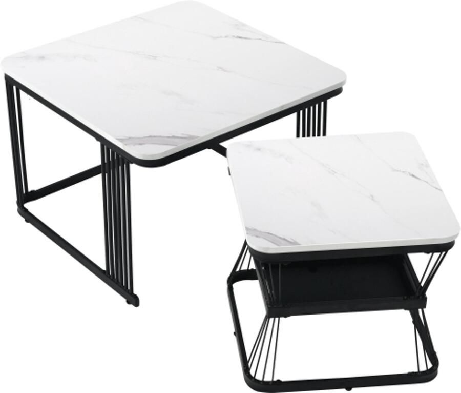Set van 2 moderne bijzettafels MDF in marmerlook stalen buis wit hoogglans zwart 65x65x45 cm en 45x45x39 5 cm