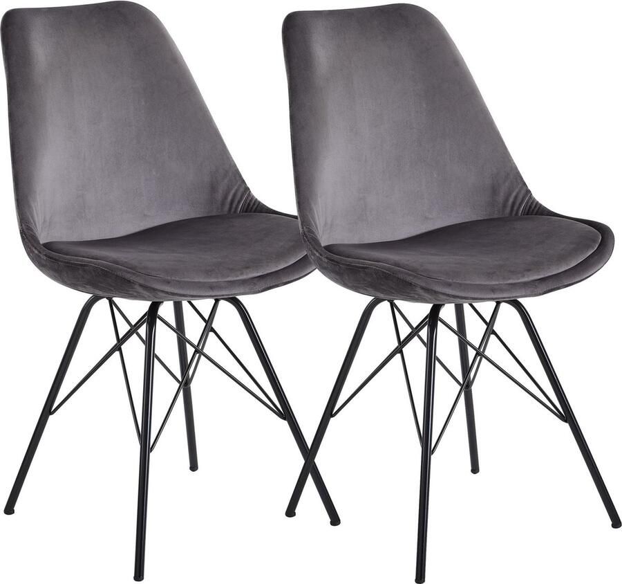 Rootz Living Rootz Set van 2 moderne eetkamerstoelen Scandinavisch design Fluwelen zitkussen Stevige metalen poten Grijs en zwart 48 cm x 86 cm x 58 cm Voorkomt krassen op de vloer Comfortabel zitten Veilige standaard