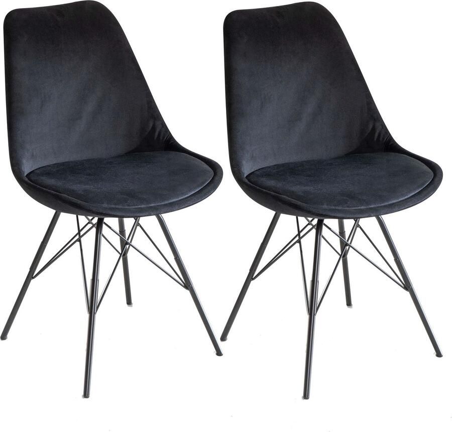 Rootz Living Rootz Set van 2 moderne eetkamerstoelen Scandinavisch design Fluwelen zitkussen Stevige metalen poten 48 cm x 85 cm x 58 cm Zwart Plastic doppen Comfortabele vulling Eenvoudige montage