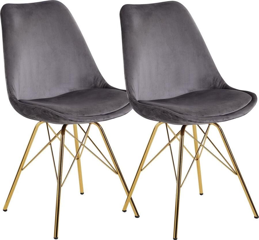 Rootz Living Rootz Set van 2 moderne eetkamerstoelen Scandinavisch design Fluwelen zitting Gouden poten 48cm x 86cm x 58cm Grijs Stevige constructie Comfortabele vulling Eenvoudige montage