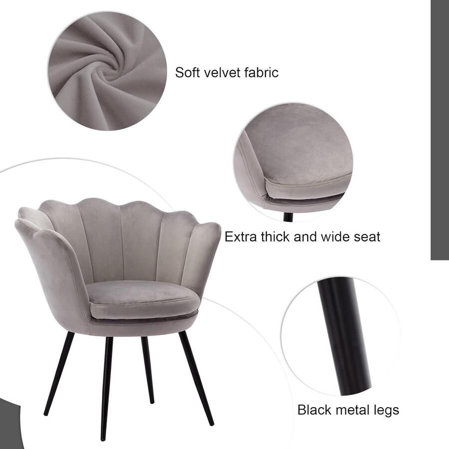 Fluwelen schelpstoel met armleuningen – Make-uptafelstoel of loungestoel met zwarte metalen poten – Grijs
