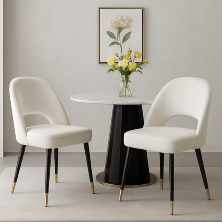 Set van 2 moderne fluwelen eetkamerstoelen zonder armleuningen met metalen poten
