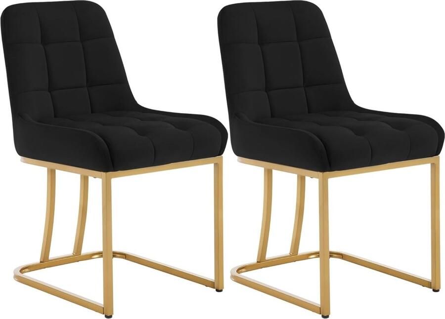 Set van 2 moderne keukenstoelen eetkamerstoelen met rugleuning zonder armleuningen gestoffeerde stoelen met poten van verguld metaal EZS32sz-2 zwart