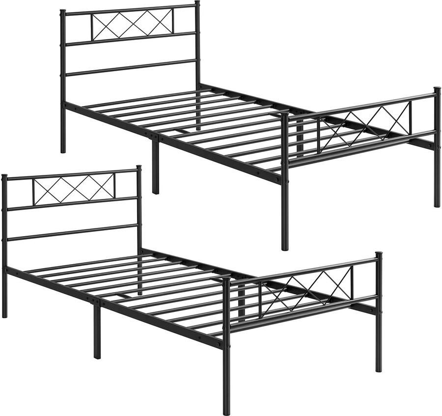 Set van 2 moderne metalen bedframes met lattenbodem eenpersoonsbed bedframe met hoofdeinde logeerbed tienerbed 90 x 190 cm zwart