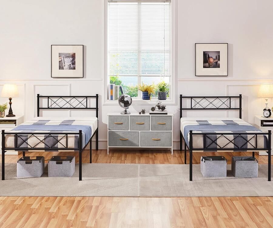 Set van 2 moderne metalen bedframes met lattenbodem eenpersoonsbed bedframe met hoofdeinde logeerbed tienerbed 90 x 200 cm zwart