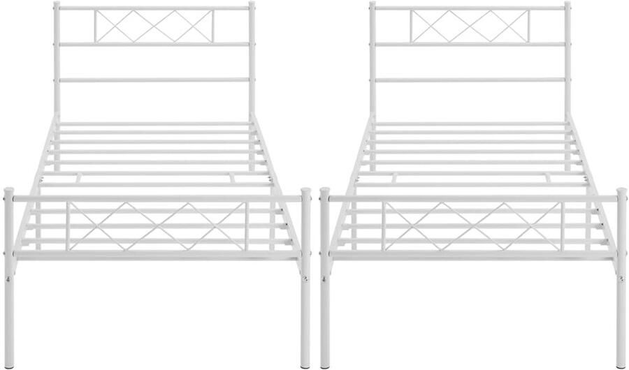 Set van 2 moderne metalen bedframes met lattenbodem eenpersoonsbed bedframe met hoofdeinde logeerbed tienerbed 90 x 200 cm wit