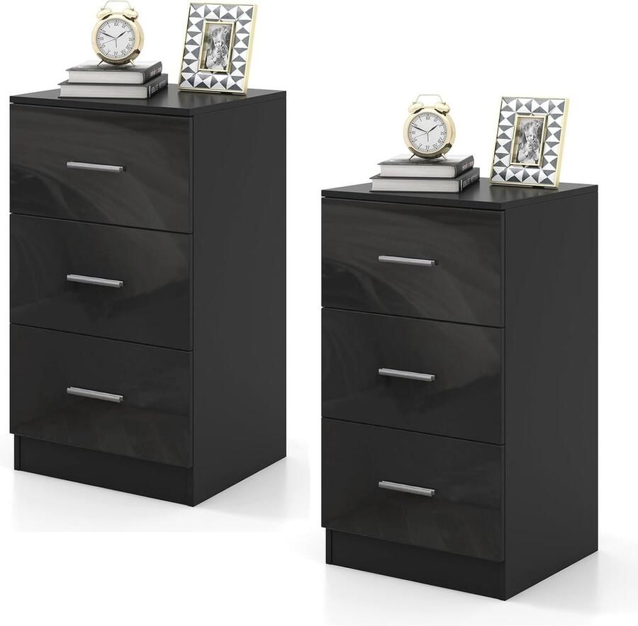Set van 2 moderne nachtkastjes met 3 laden Hoogglans Zwart Ideaal voor Boxspringbedden