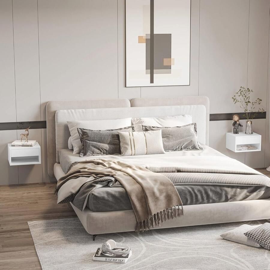 Set van 2 moderne nachtkastjes met opbergruimte Schuiflade en dienblad Wit