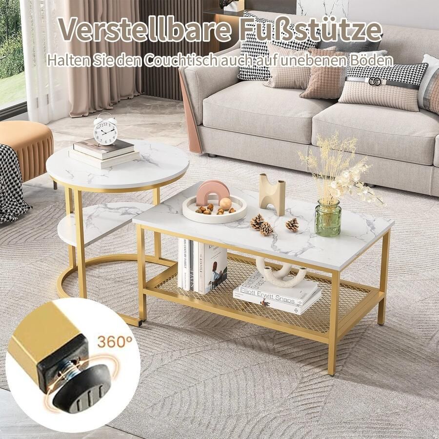 Set van 2 Moderne Nesting Salontafel Set Marmeren Bijzettafels Gouden Frame 1x Grote tafel 60x60x45cm 1x Kleine tafel (L40 x B40 x H35 cm) Ruimtebesparend