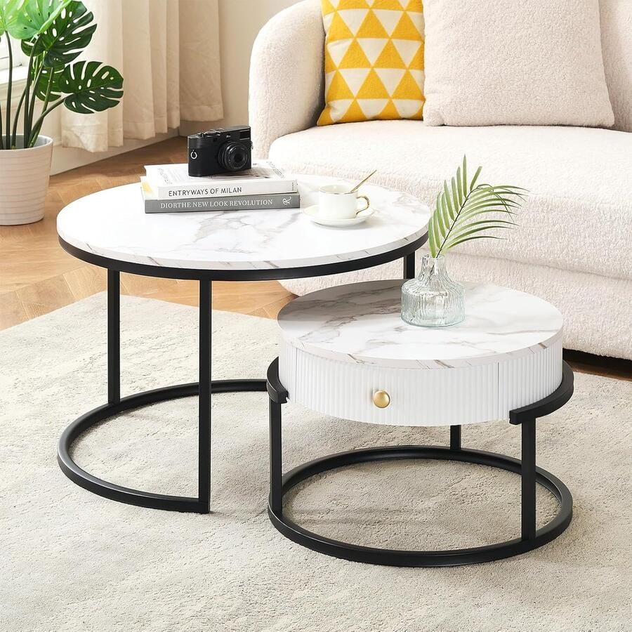 Set van 2 Moderne Ronde Salontafels met Lade Zwart en Marmerlook Perfect voor de Woonkamer