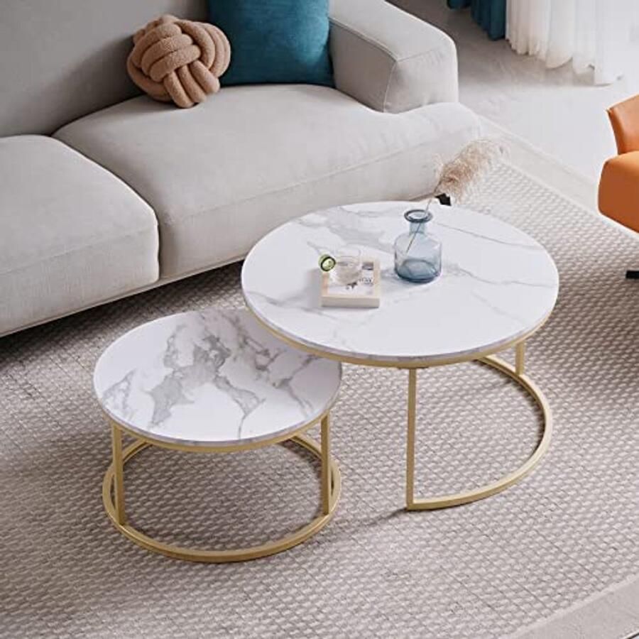 Set van 2 moderne ronde salontafels van marmer imitatie voor woonkamer en kantoor