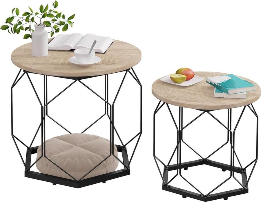 Set Van 2 Moderne Salontafels Bijzettafels Nachtkastje Tafeltje Hout & Metaal 40x40x36 50x50x45 cm Licht Eik