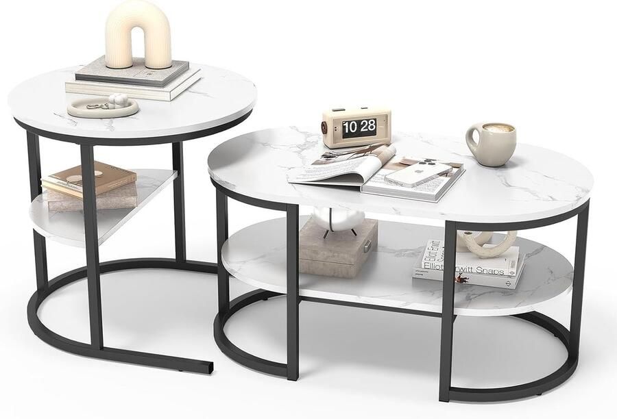 Set van 2 moderne salontafels met opbergruimte ronde en ovale bijzettafel