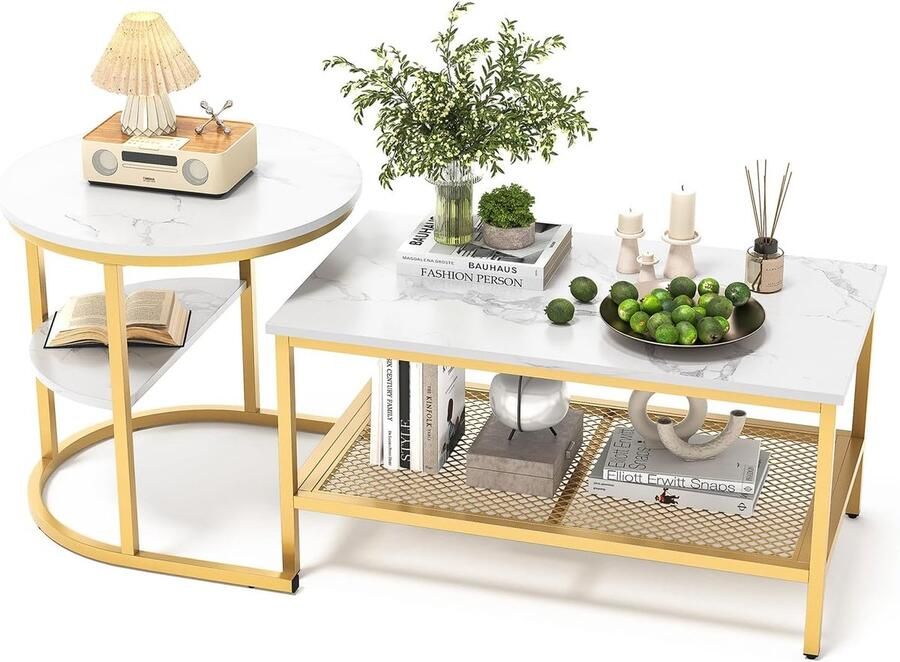 Set van 2 moderne salontafels met opbergruimte Ronde en rechthoekige bijzettafel in marmerlook en metaal