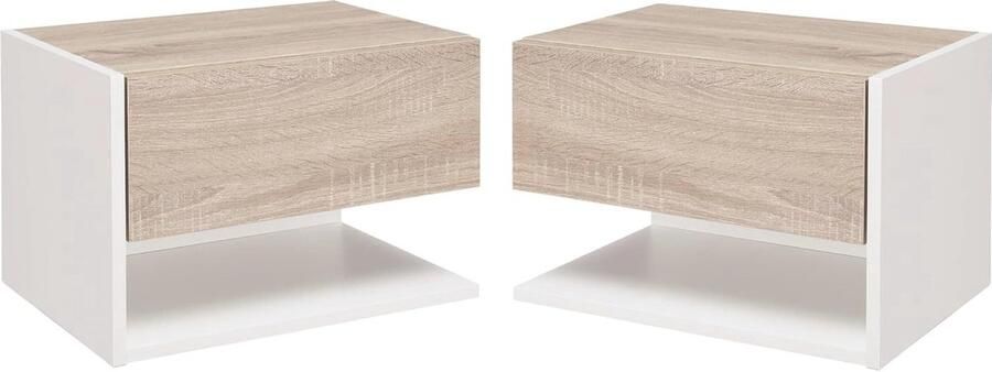 Set van 2 Moderne Wandmontage Nachtkastjes met Lade en Plank – Tweekleurig Hout in Wit en Licht Eiken-look