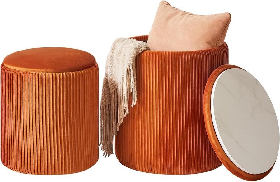 Set van 2 multifunctionele ronde opbergkrukken met fluwelen zitting voor woonkamer en slaapkamer oranje