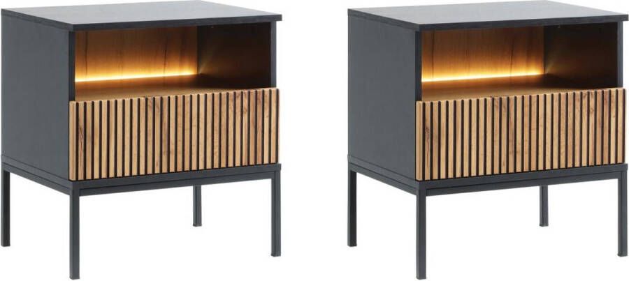 Vente-unique Set van 2 nachtkastje 1 lade en 1 nis Met ledverlichting Zwart en naturel OVILA L 53.6 cm x H 56.2 cm x D 39 cm - Foto 2