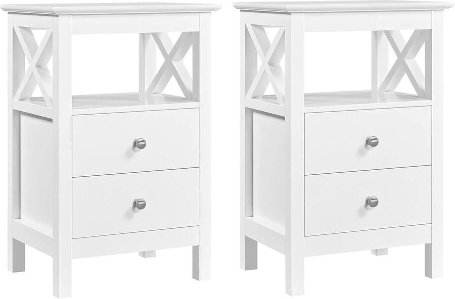 Set van 2 nachtkastje met 2 laden en 1 open opbergvak nachtkastje X-vormige steun salontafel bijzettafel van hout voor slaapkamer 40 × 30 × 60 cm wit