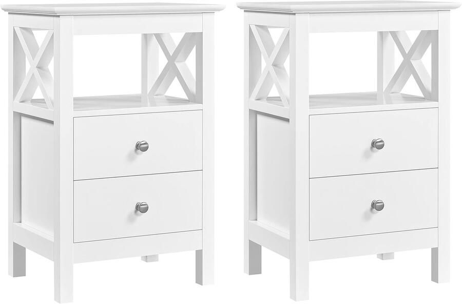 Set van 2 nachtkastje met 2 laden en 1 open opbergvak nachtkastje X-vormige steun salontafel bijzettafel van hout voor slaapkamer 40 × 30 × 60 cm wit
