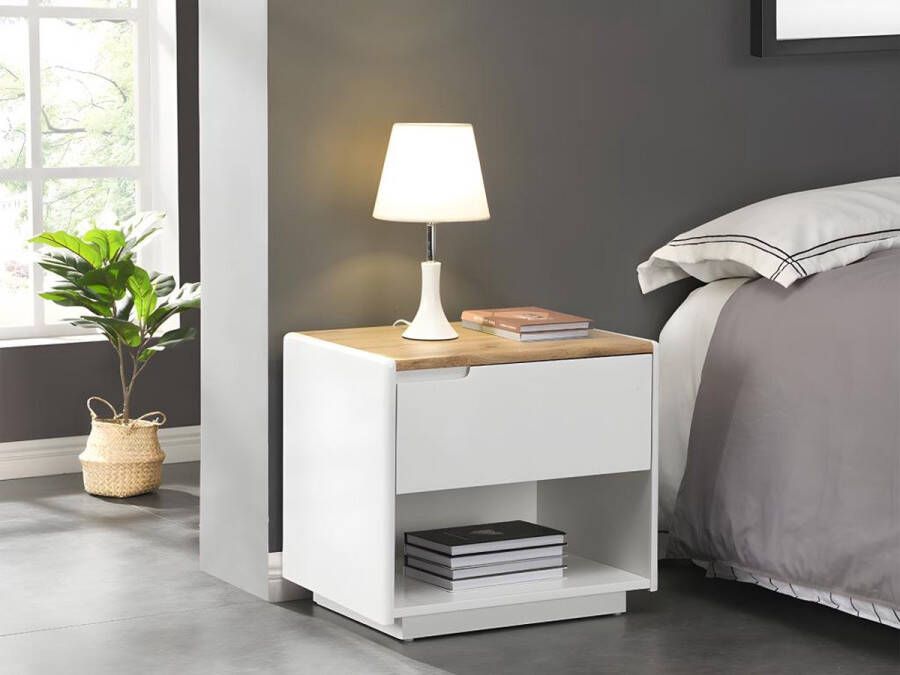 Vente-unique Set van 2 nachtkastjes 1 lade en 1 nis Mdf Wit gelakt en eiken AMANI L 55 cm x H 50 cm x D 40 cm
