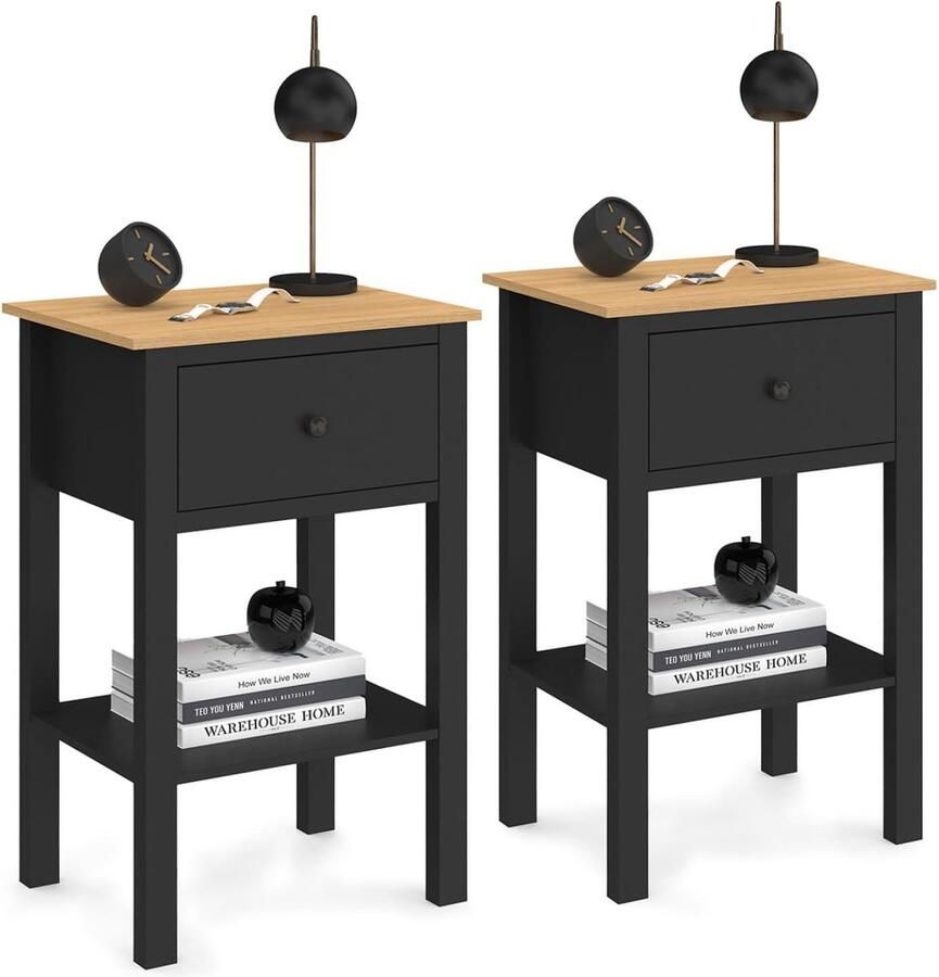Set van 2 nachtkastjes 1 lade en 1 plank zwart en hout modern nachtkastje voor slaapkamer of woonkamer