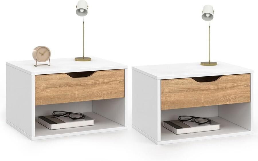 Set van 2 Nachtkastjes – 1 Lade en Nis Beukenlook met Witte Afwerking Stijlvol en Functioneel Meubel voor Slaapkamer of Bedruimte
