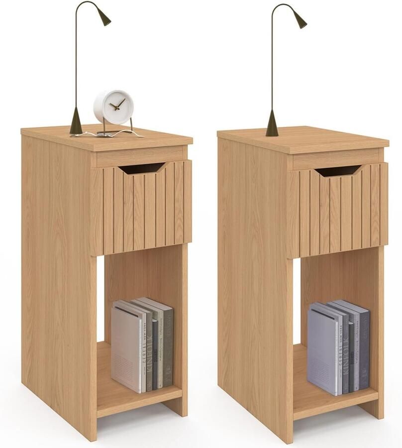 Set van 2 nachtkastjes 1 lade met latten effect houten nachtkastje voor slaapkamer of woonkamer modern design