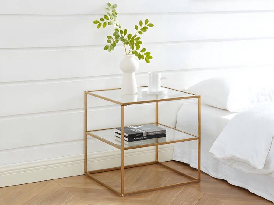 Vente-unique Set van 2 nachtkastjes – 1 legplank – Gehard glas en staal – Goudkleurig – KOHANA L 50 cm x H 50 cm x D 50 cm - Foto 2