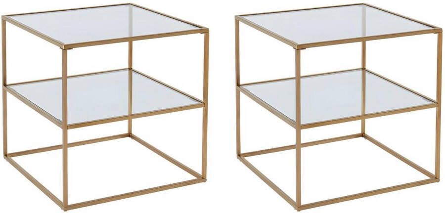 Vente-unique Set van 2 nachtkastjes – 1 legplank – Gehard glas en staal – Goudkleurig – KOHANA L 50 cm x H 50 cm x D 50 cm