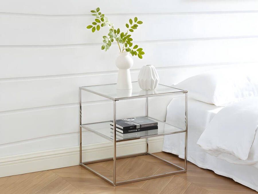 Vente-unique Set van 2 nachtkastjes – 1 legplank – Gehard glas en staal – Zilverkleurig – KOHANA L 50 cm x H 50 cm x D 50 cm
