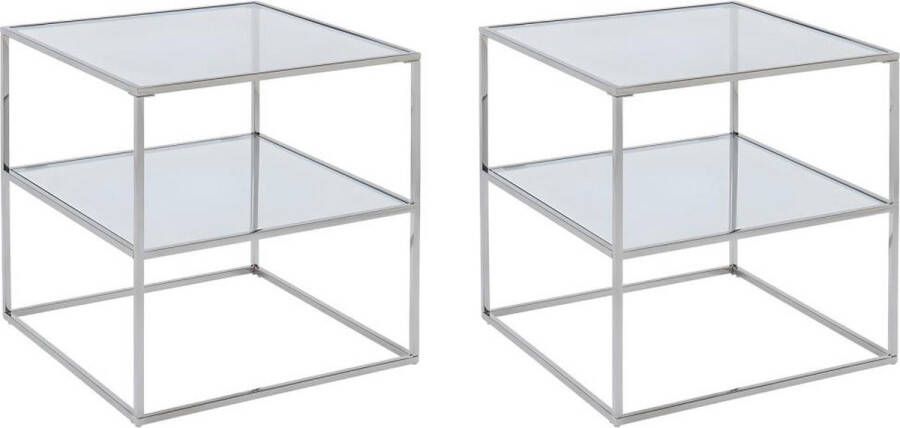 Set van 2 nachtkastjes – 1 legplank – Gehard glas en staal – Zilverkleurig – KOHANA L 50 cm x H 65 cm x D 50 cm