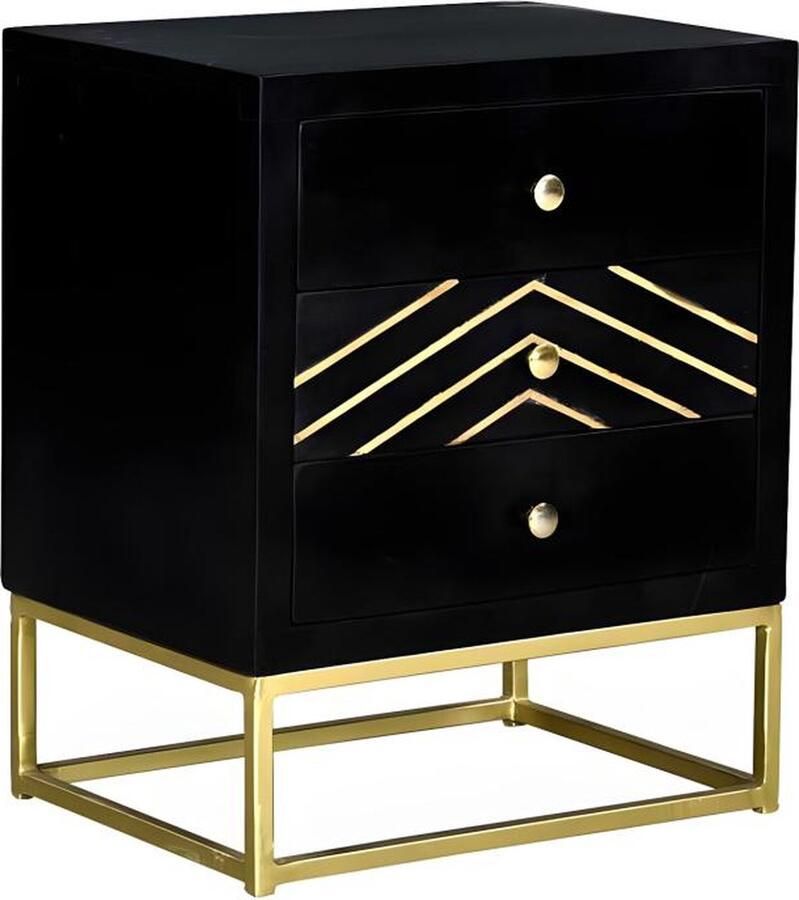 Set van 2 nachtkastjes 3 laden Mangohout en metaal Zwart en goud PRISMIN L 45 cm x H 55 cm x D 33 cm
